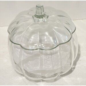 Clear Glass Pumpkin Shape Canister Dish Lid Fall Decor Cookie Candy Jar Dips